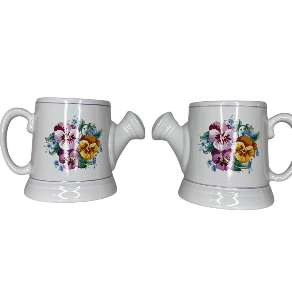 Hallmark Watering Can Mug Set Floral Garden Coffee Tea Cups Pair Vintage